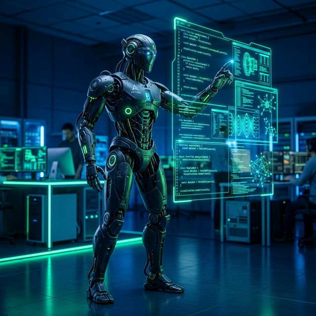 Robô futurista representando Inteligência Artificial e Código